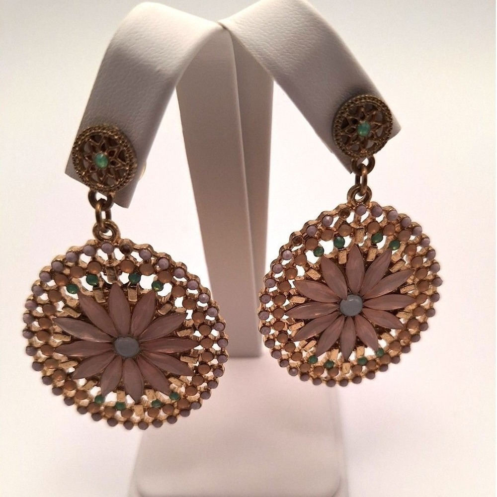 Southwestern dangle drop earrings pink green gold stones in gold tome